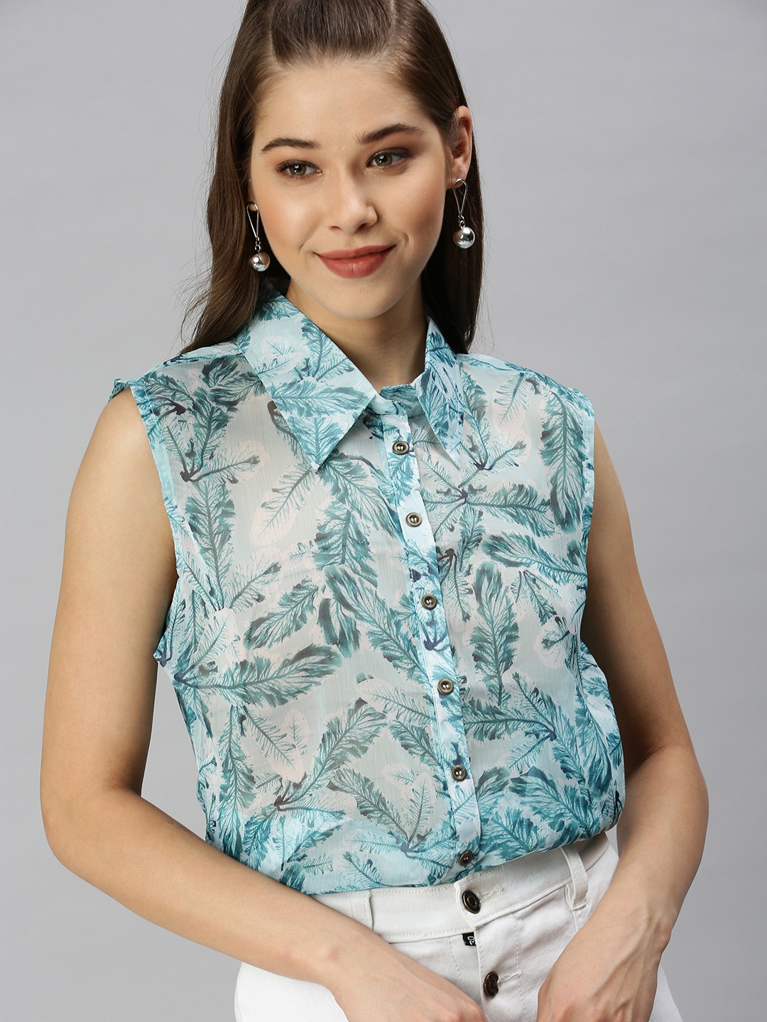 

SHOWOFF Women Sea Green Comfort Slim Fit Floral Sheer Printed Casual Shirt
