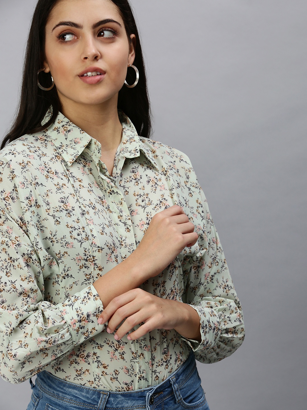 

SHOWOFF Women Green Contemporary Slim Fit Floral Semi Sheer Printed Casual Shirt