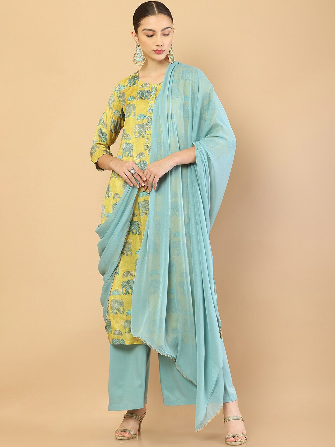 

Soch Women Yellow Ethnic Motifs Printed Sequinned Kurta with Palazzos & With Dupatta