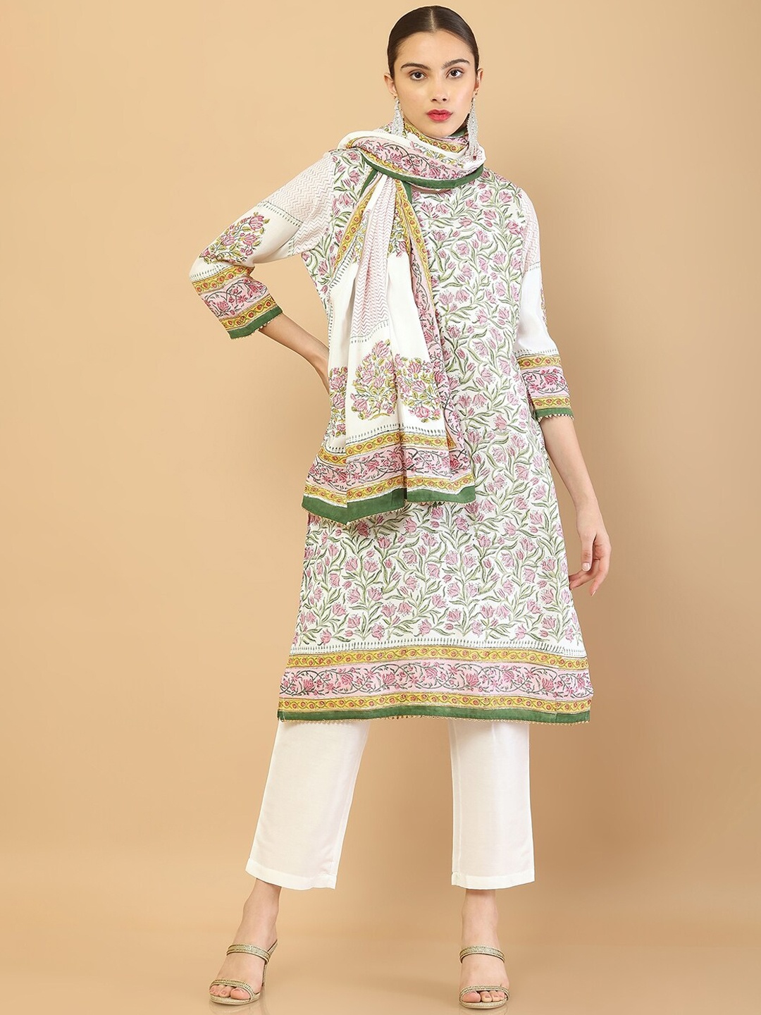 

Soch Women White Floral Printed Kurti with Trousers & With Dupatta