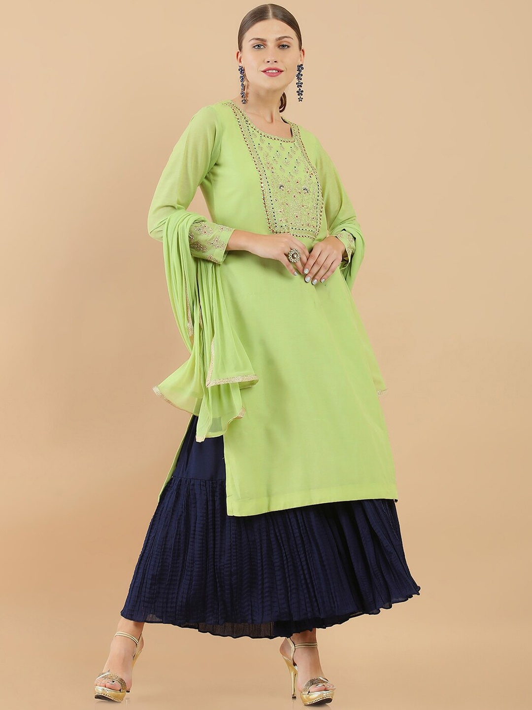 

Soch Women Green Yoke Design Thread Work Kurti with Sharara & With Dupatta