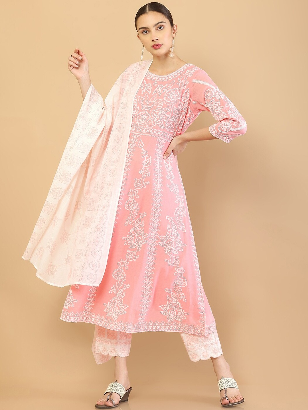 

Soch Women Pink Floral Embroidered Chikankari Pure Cotton Kurti with Trousers & With Dupatta