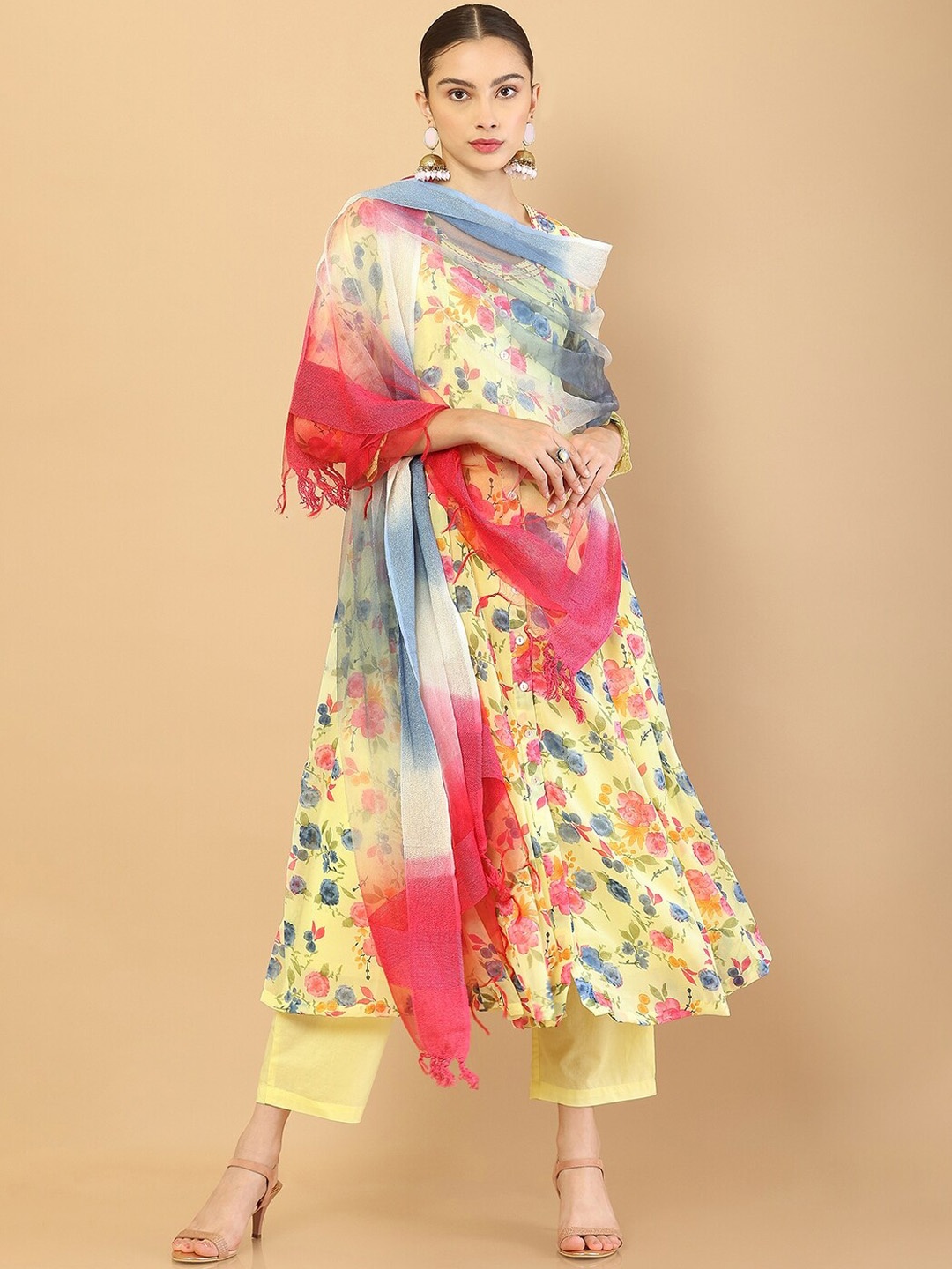 

Soch Women Yellow Floral Printed Panelled Thread Work Kurta with Trousers & With Dupatta