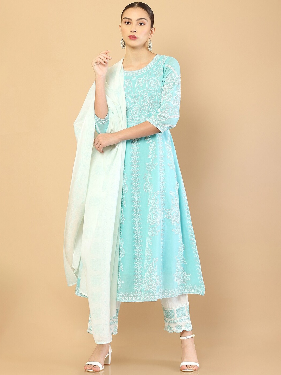 

Soch Women Blue Embroidered Thread Work Pure Cotton Kurta with Trousers & Dupatta