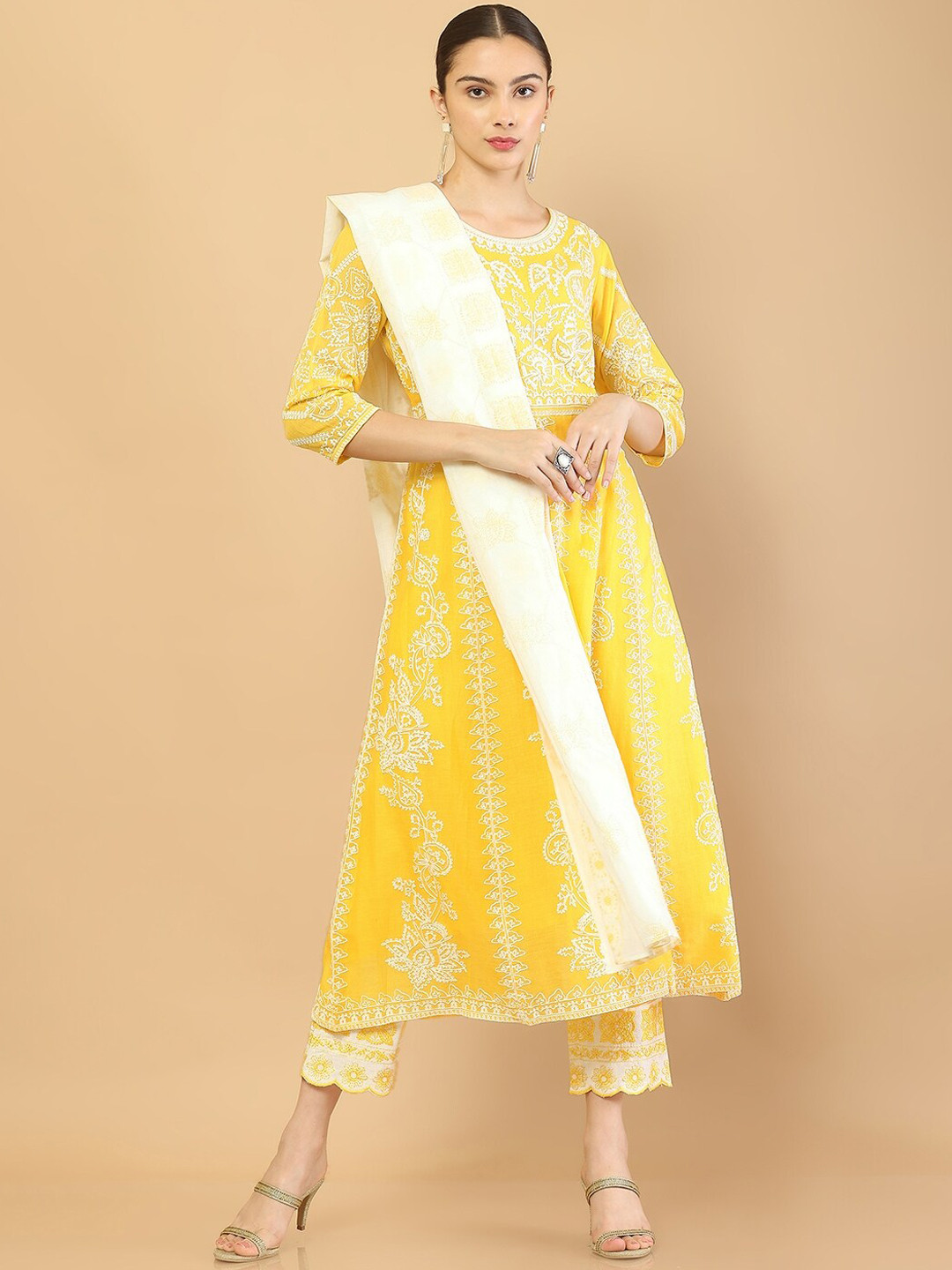 

Soch Women Yellow Floral Embroidered Chikankari Pure Cotton Kurta with Trousers & With Dupatta