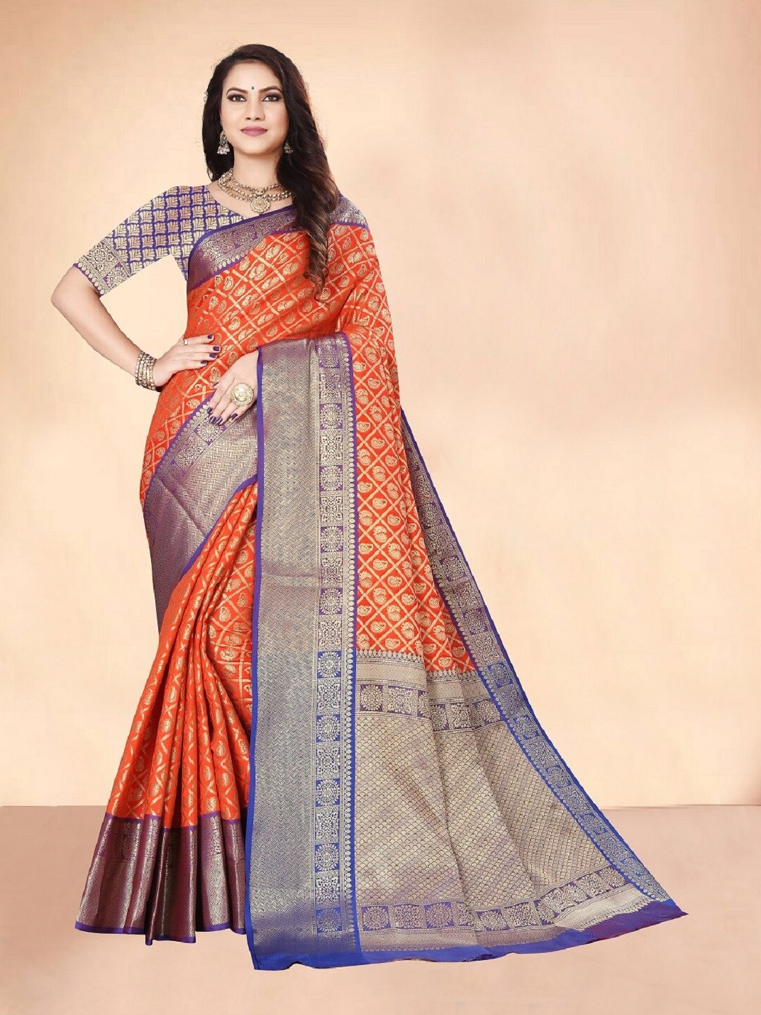 

Royal Rajgharana Saree Orange & Blue Woven Design Zari Silk Blend Kanjeevaram Sarees