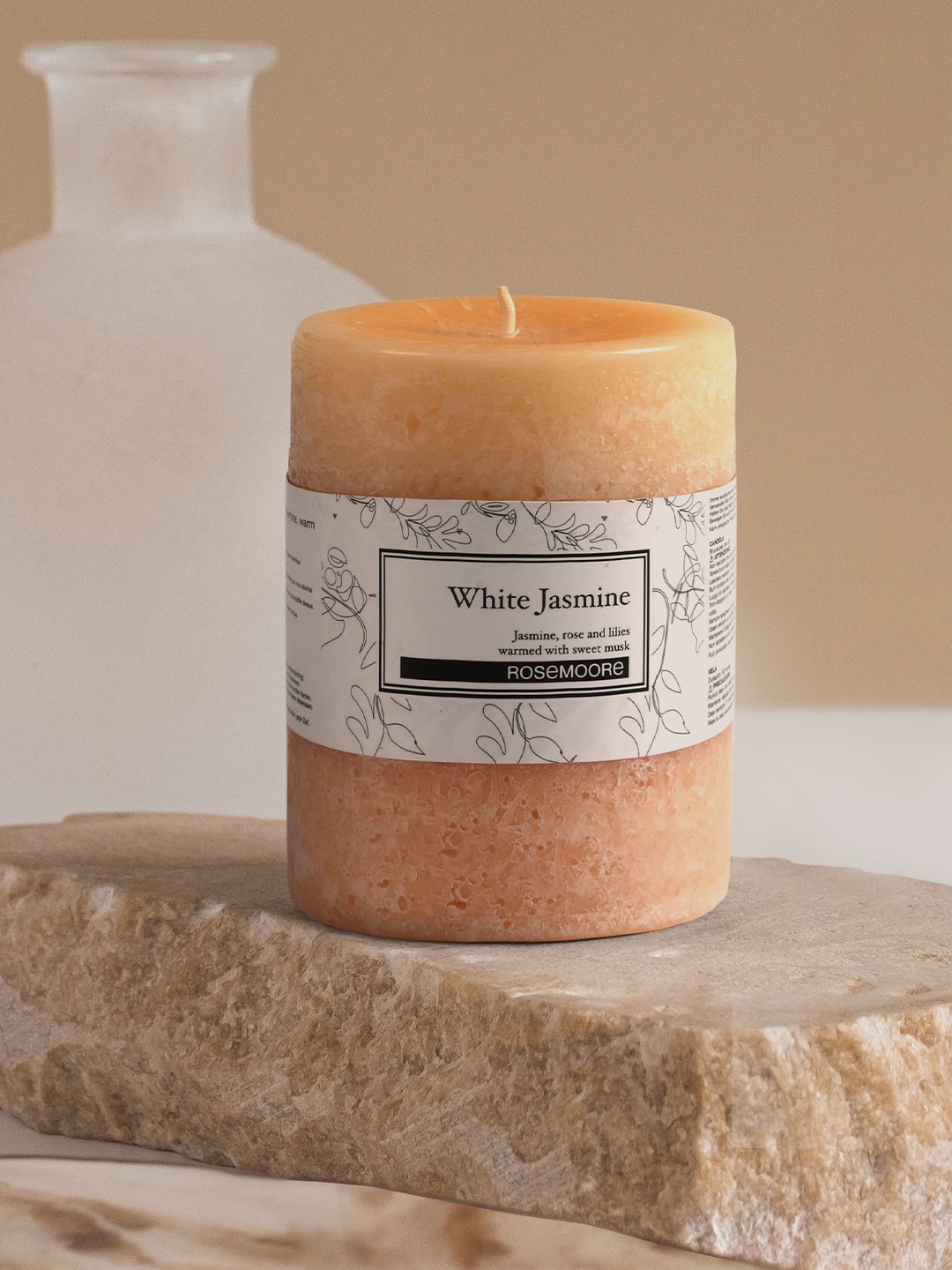 

ROSEMOORe White Jasmine Scented Pillar Candle Burn Time 45-50 Hours, Peach