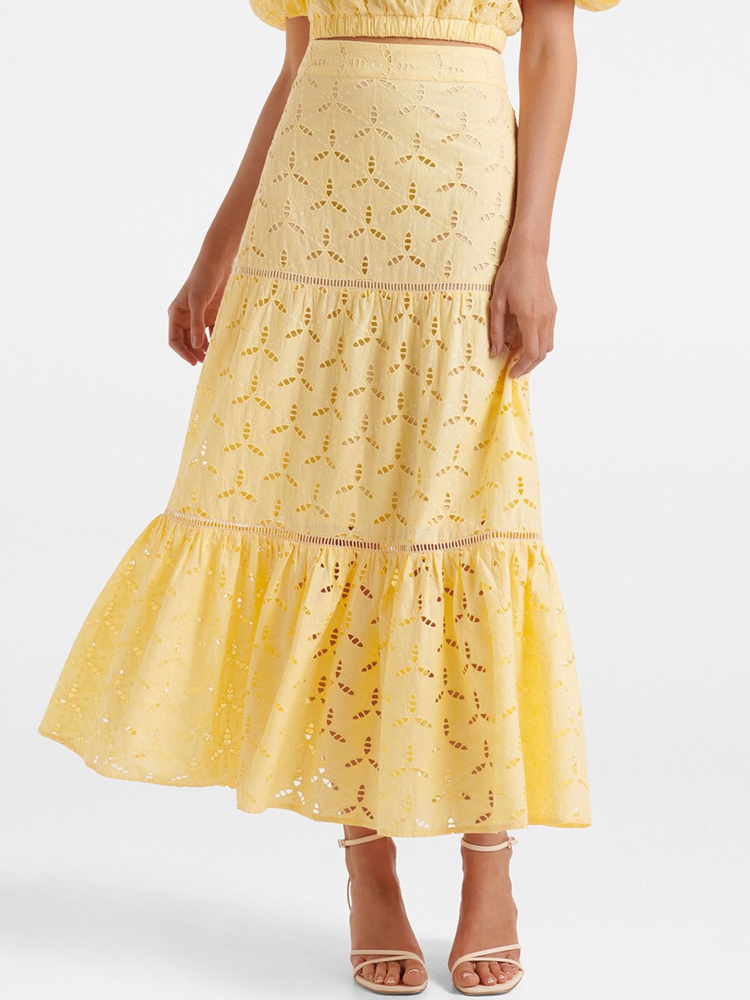 

Forever New Women Yellow Self-Design Flared Midi Skirt