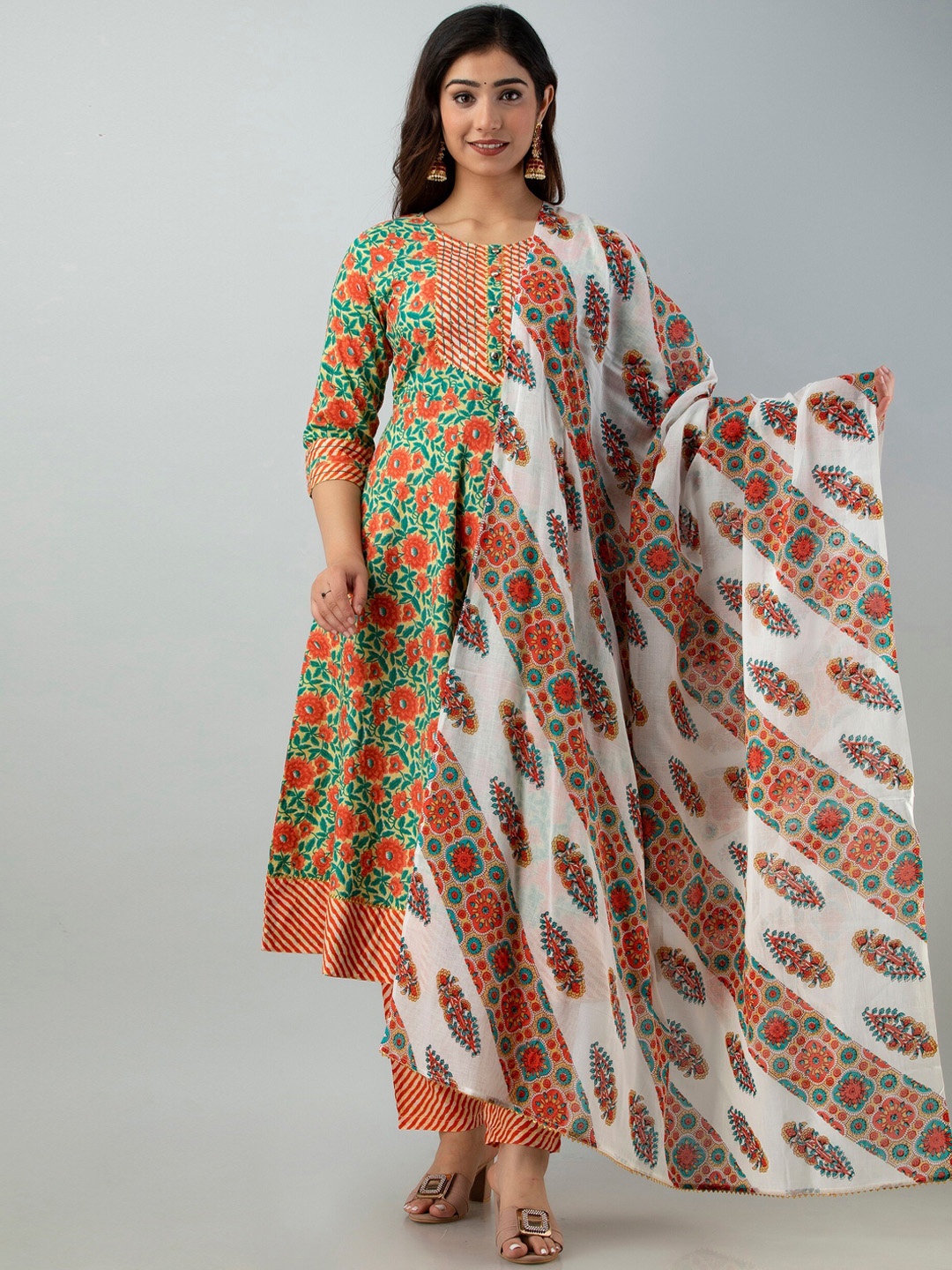 

Charu Women Multicoloured Floral Printed Empire Pure Cotton Top with Trousers & Dupatta, Multi