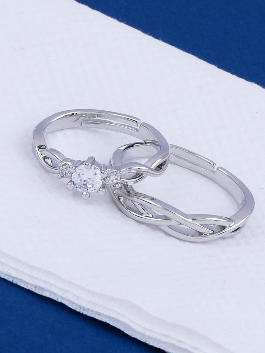 

Silver Shine Set Of 2 Silver-Plated White CZ-Studded Couple Adjustable Finger Rings