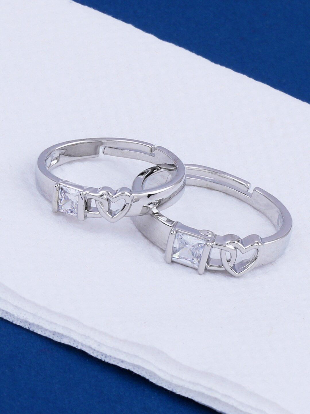 

Silver Shine Set Of 2 Silver-Plated White Stone-Studded Couple Adjustable Finger Rings