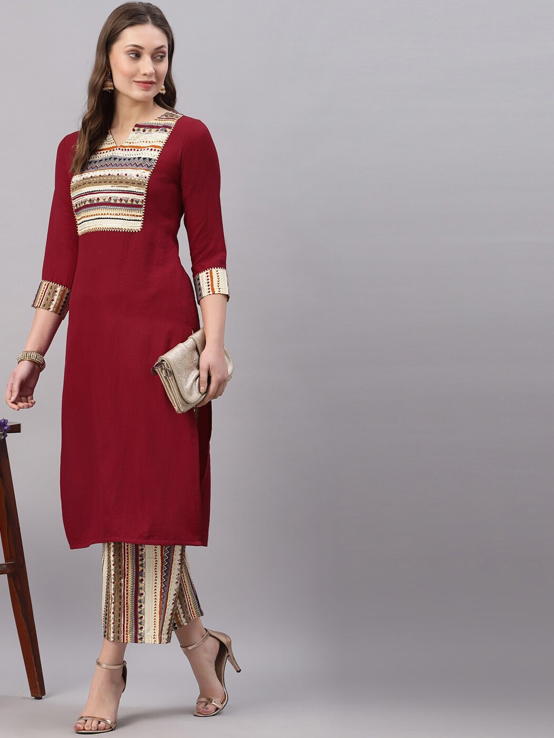 

SANISA Women Maroon Tribal Yoke Design Thread Work Kurta with Sharara