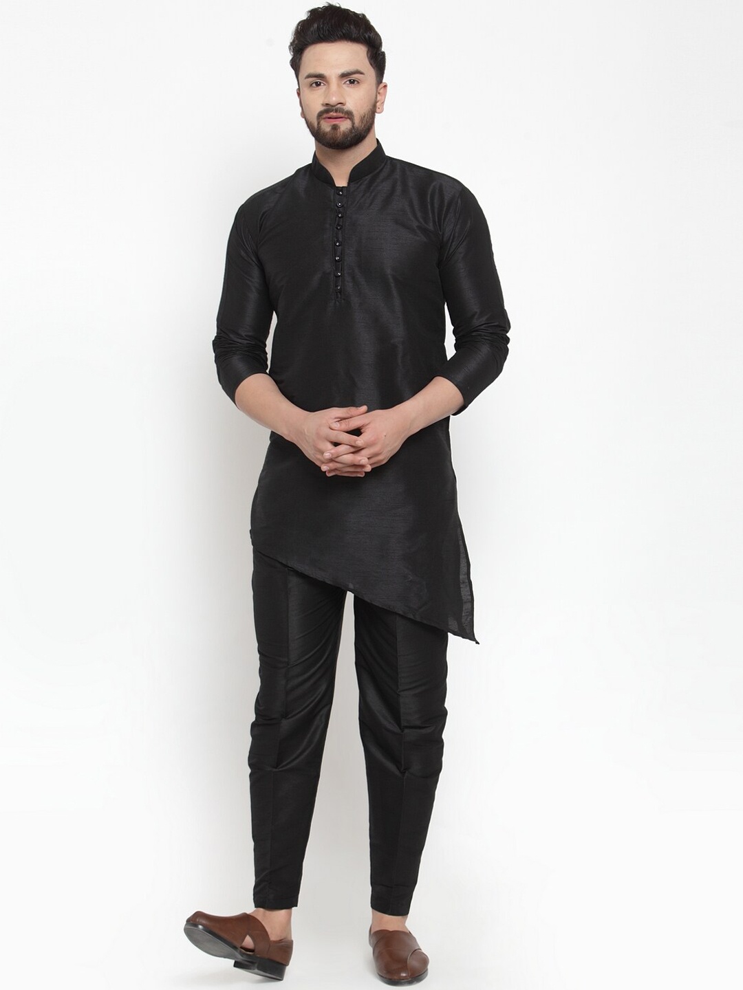 

Kaifoo Men Black Angrakha Dupion Silk Kurta with Pyjamas