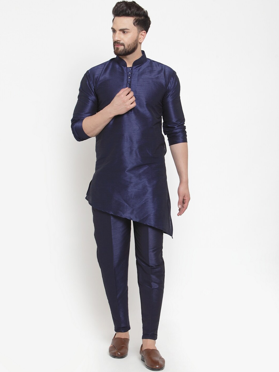 

Kaifoo Men Navy Blue Layered Dupion Silk Kurta with Trousers