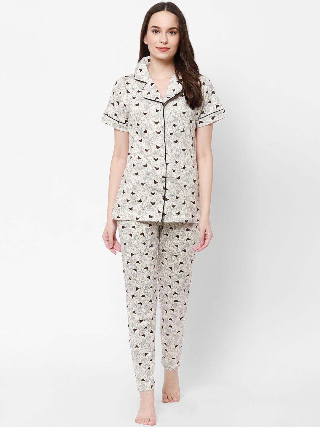 

Floret Women Cream & Brown Printed Night suit