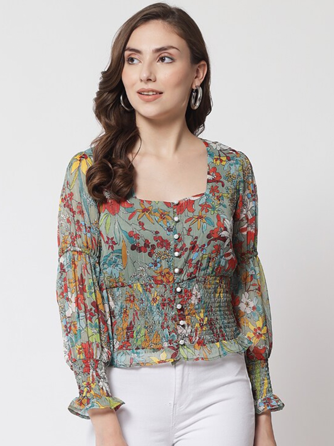 

Trend Arrest Green Floral Print Georgette Cinched Waist Top
