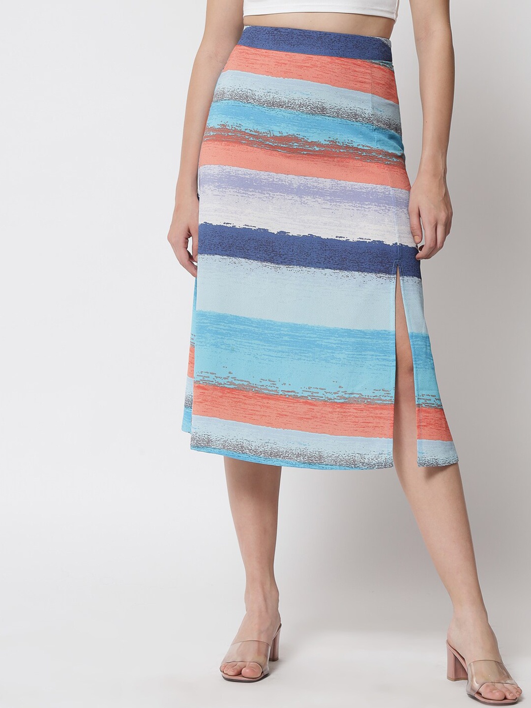 

Trend Arrest Women Blue & Peach Printed A-line Midi Skirt