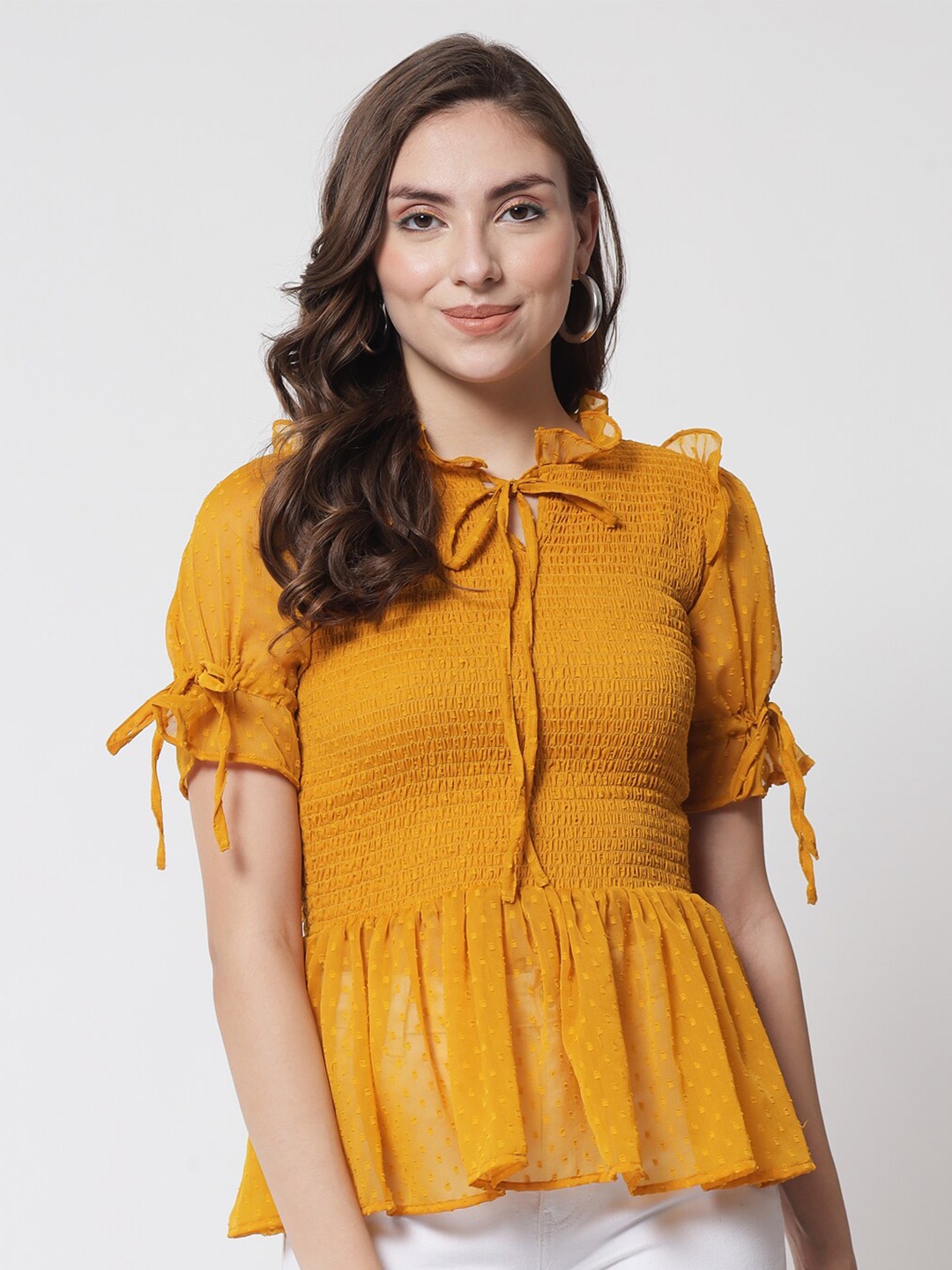 

Trend Arrest Mustard Yellow Tie-Up Neck Smocked Cinched Waist Top
