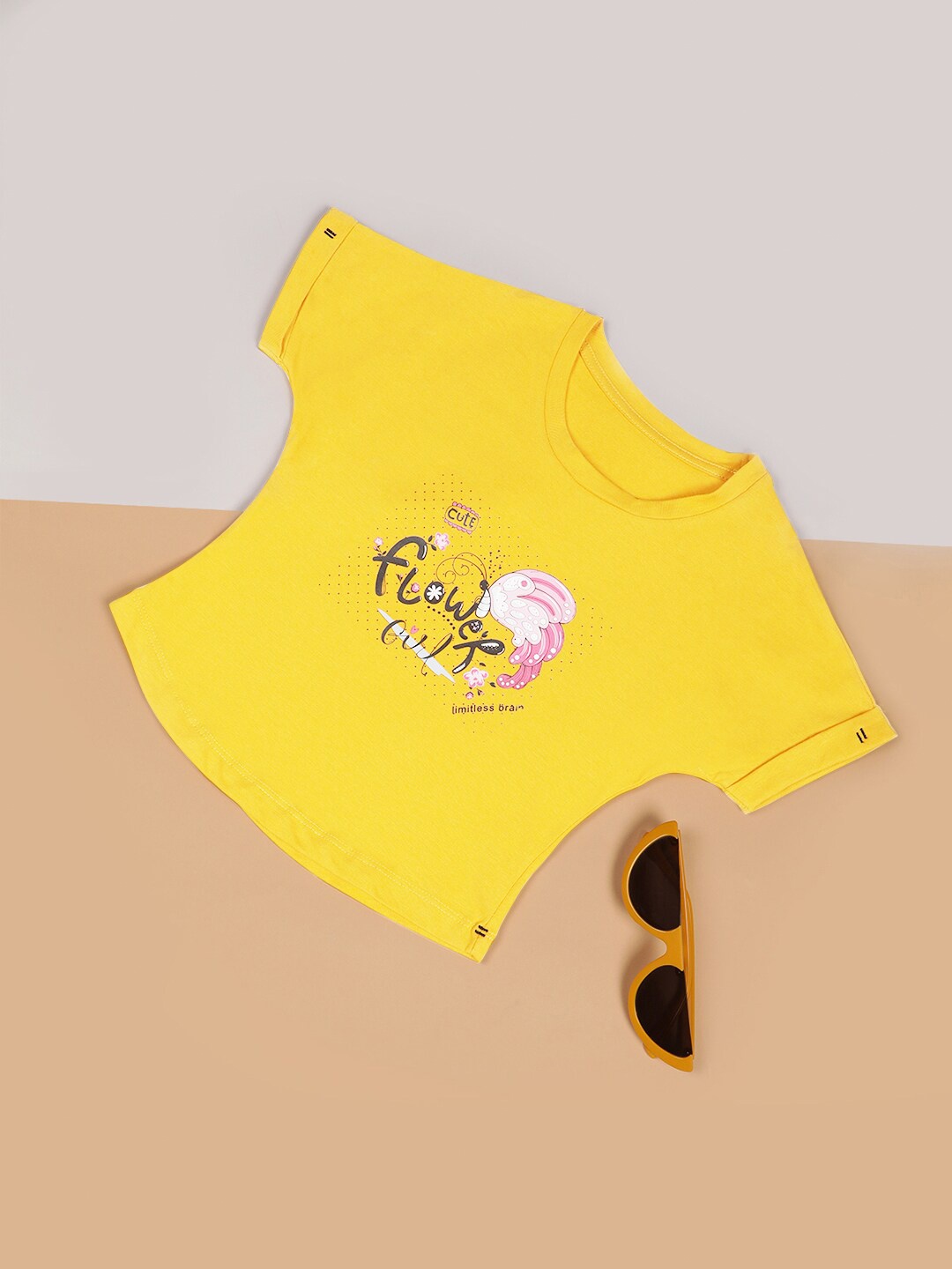 

V2 Value & Variety Girls Mustard Yellow Print Extended Sleeves Top