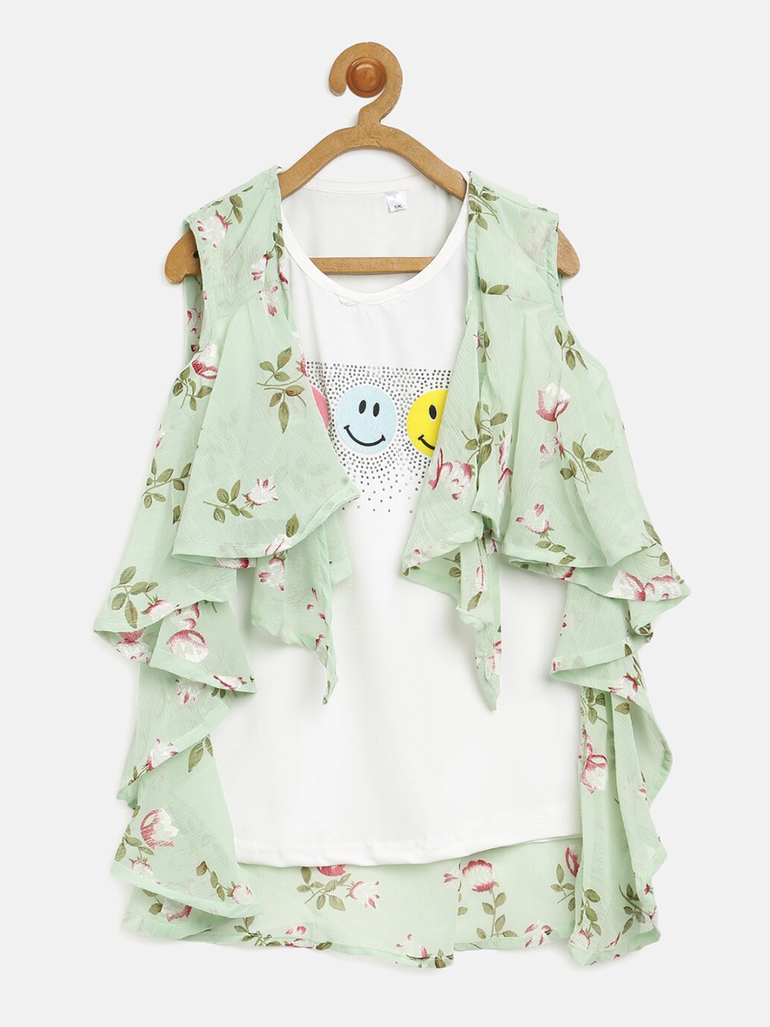 

V2 Value & Variety Girls Green & White Floral Print Ruffles Chiffon Top