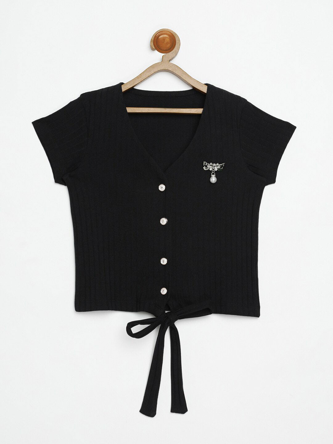 

V2 Value & Variety Girls Black Waist Tie Ups Knitted Top