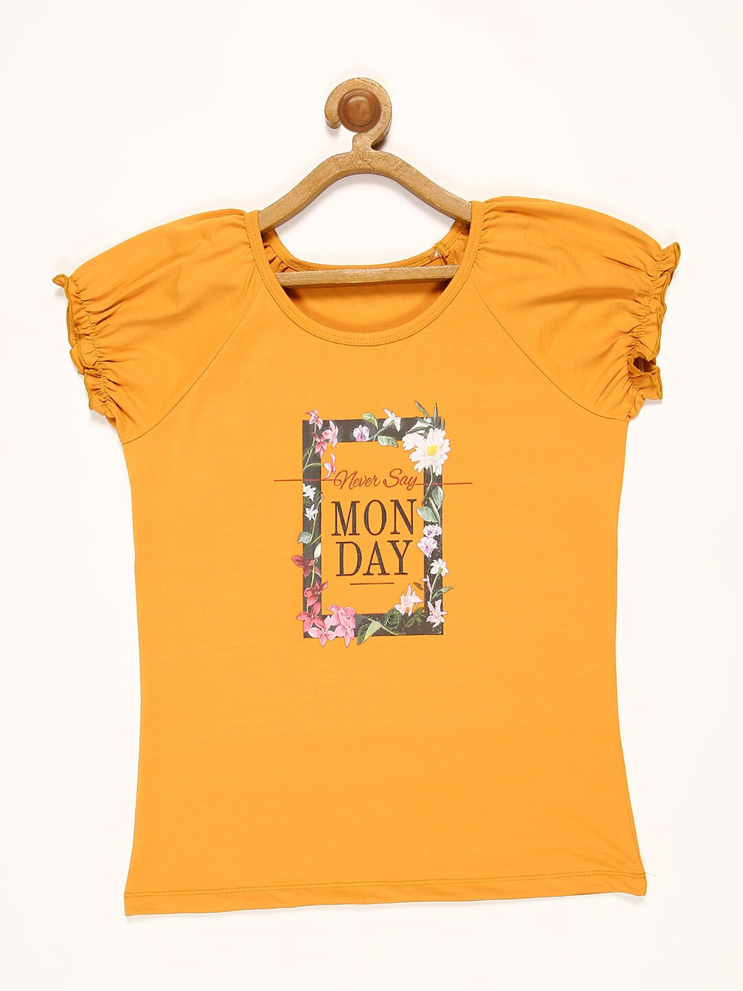 

V2 Value & Variety Girls Mustard Yellow Printed Puff Sleeves Knitted Top