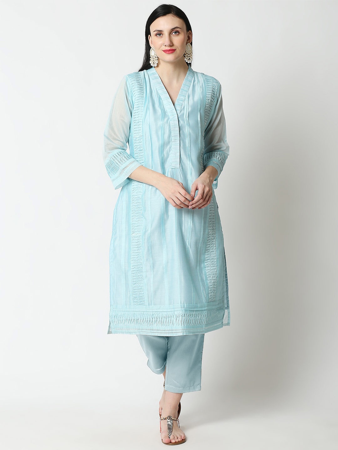 

Aanyor Blue Striped Chanderi Silk Kurta with Trousers & Dupatta