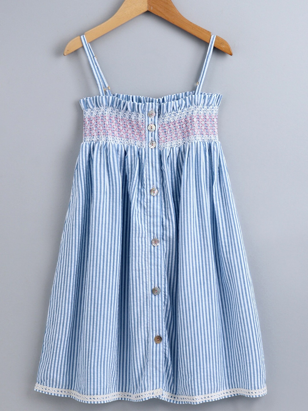 

Little Carrot Girls Blue & White Striped Smocked Detail A-Line Dress