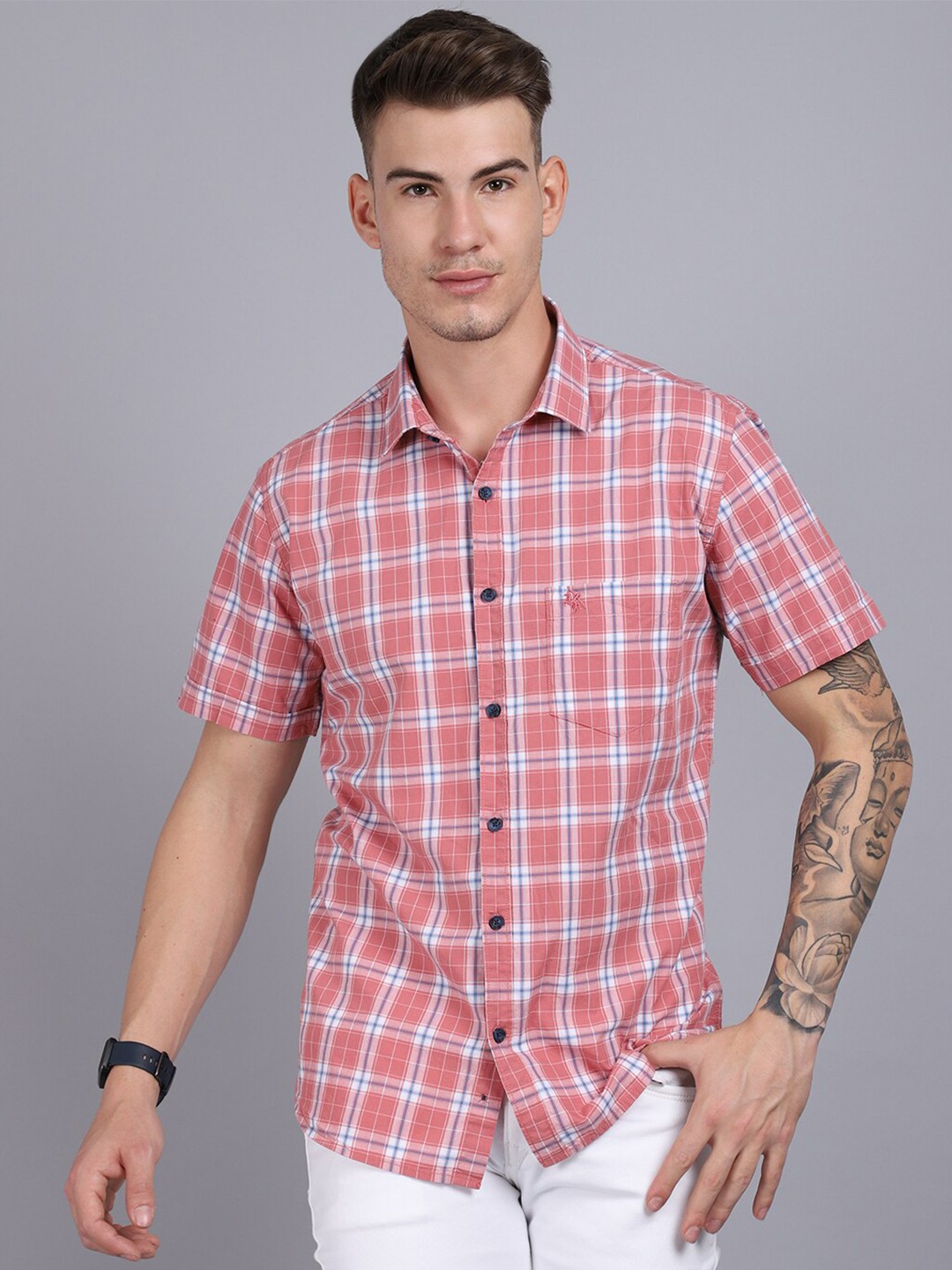 

Cantabil Men Pink Tartan Checks Checked Cotton Casual Shirt