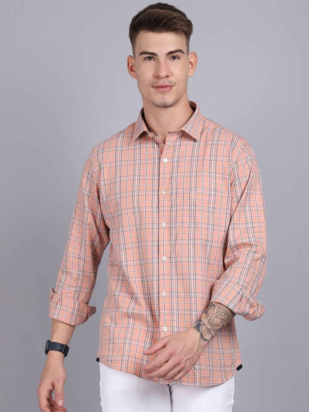 

Cantabil Men Peach-Coloured Regular Checked Cotton Casual Shirt
