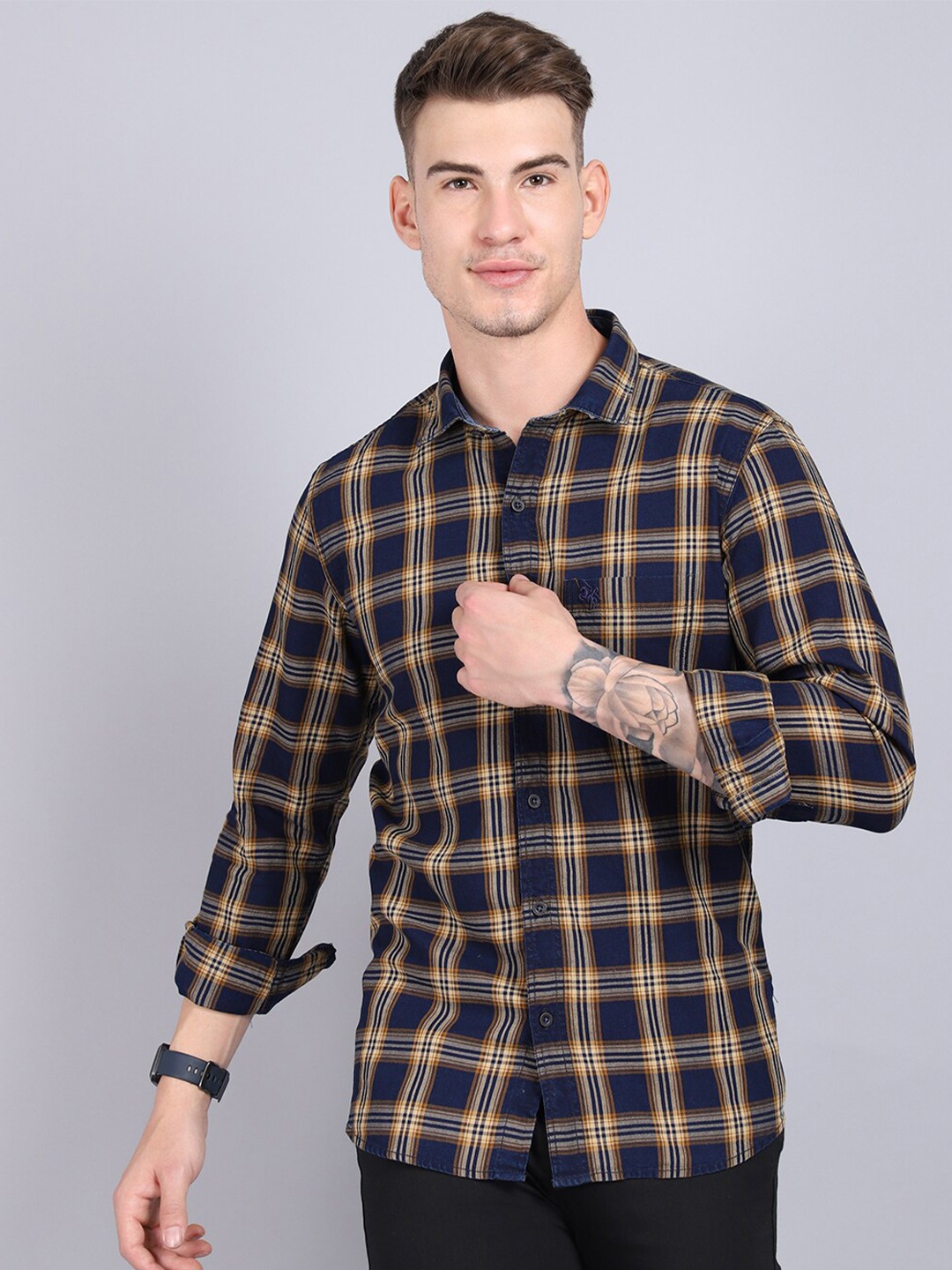 

Cantabil Men Mustard Yellow & Blue Regular Fit Tartan Checks Checked Casual Shirt