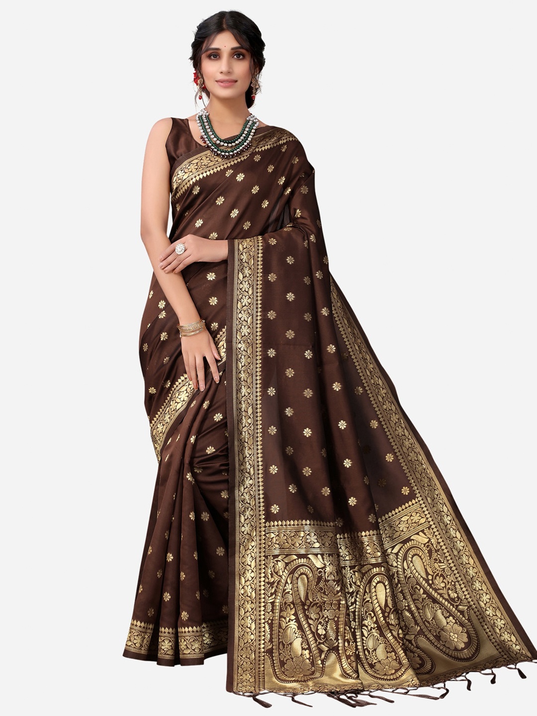 

Satrani Brown & Gold-Toned Ethnic Motifs Zari Kanjeevaram Saree