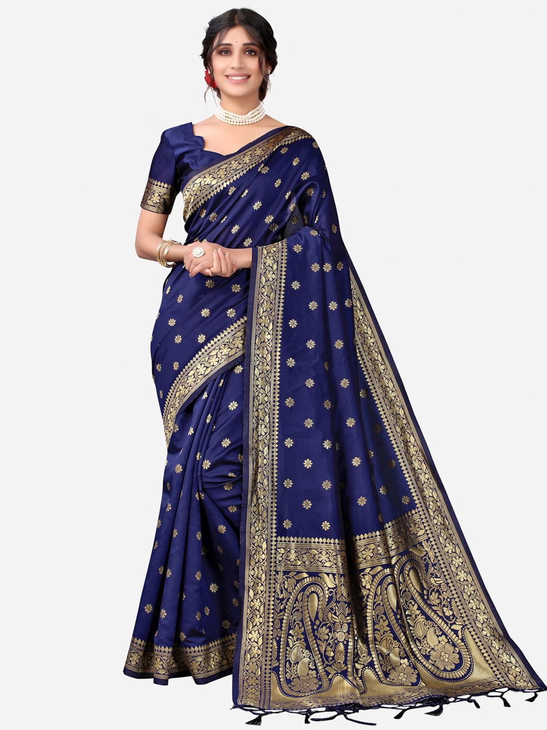 

Satrani Navy Blue & Gold-Toned Ethnic Motifs Zari Kanjeevaram Saree