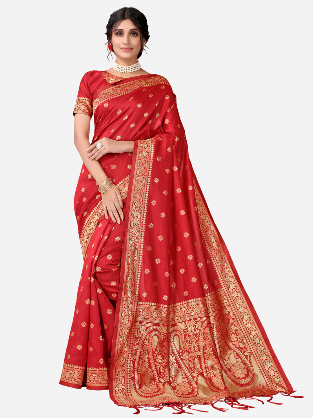 

Satrani Red & Gold-Toned Woven Design Zari Kanjeevaram Saree