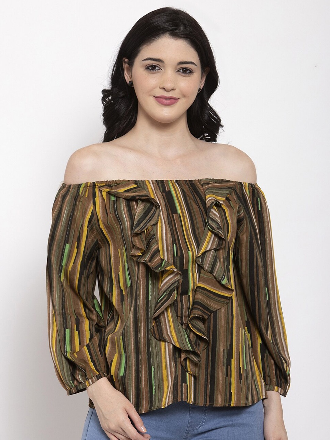 

Aujjessa Brown & Yellow Print Off-Shoulder Ruffles Crepe Bardot Top