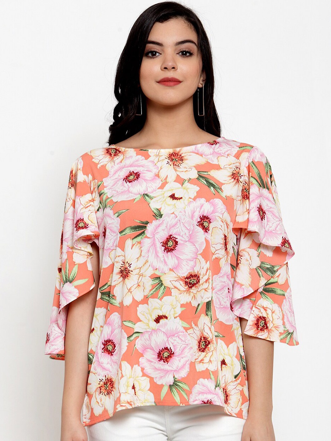 

Aujjessa Peach-Coloured Floral Print Crepe Top