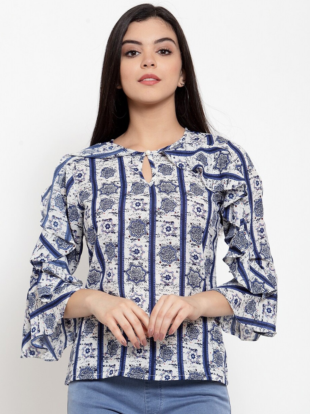 

Aujjessa Women White & Blue Floral Print Keyhole Neck Ruffles Crepe Top
