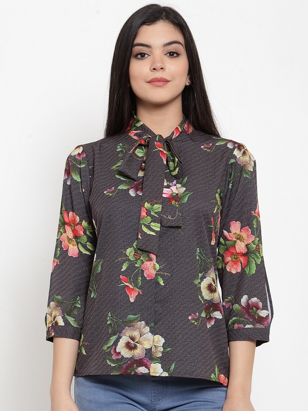 

Aujjessa Brown Floral Printed Tie-Up Neck Shirt Style Top