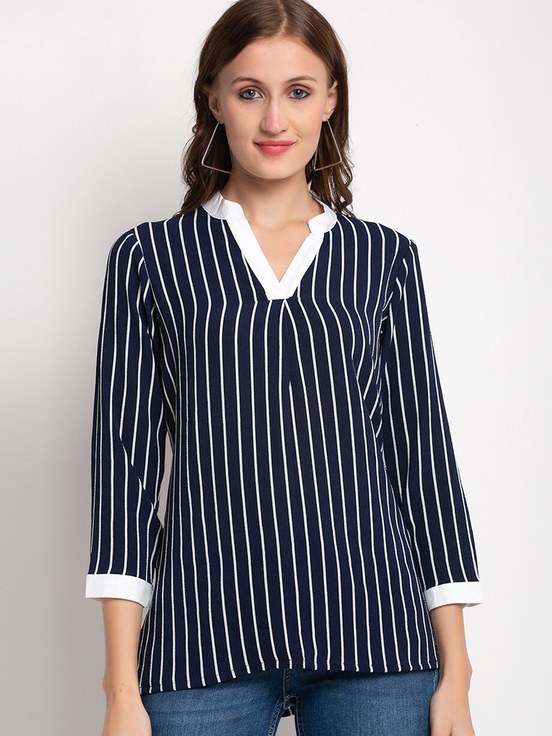 

Aujjessa Women Navy Blue & White Striped Chiffon Top