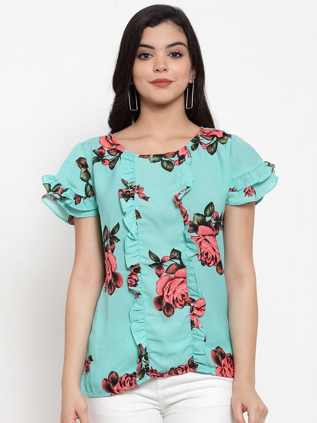 

Aujjessa Sea Green Floral Print Top