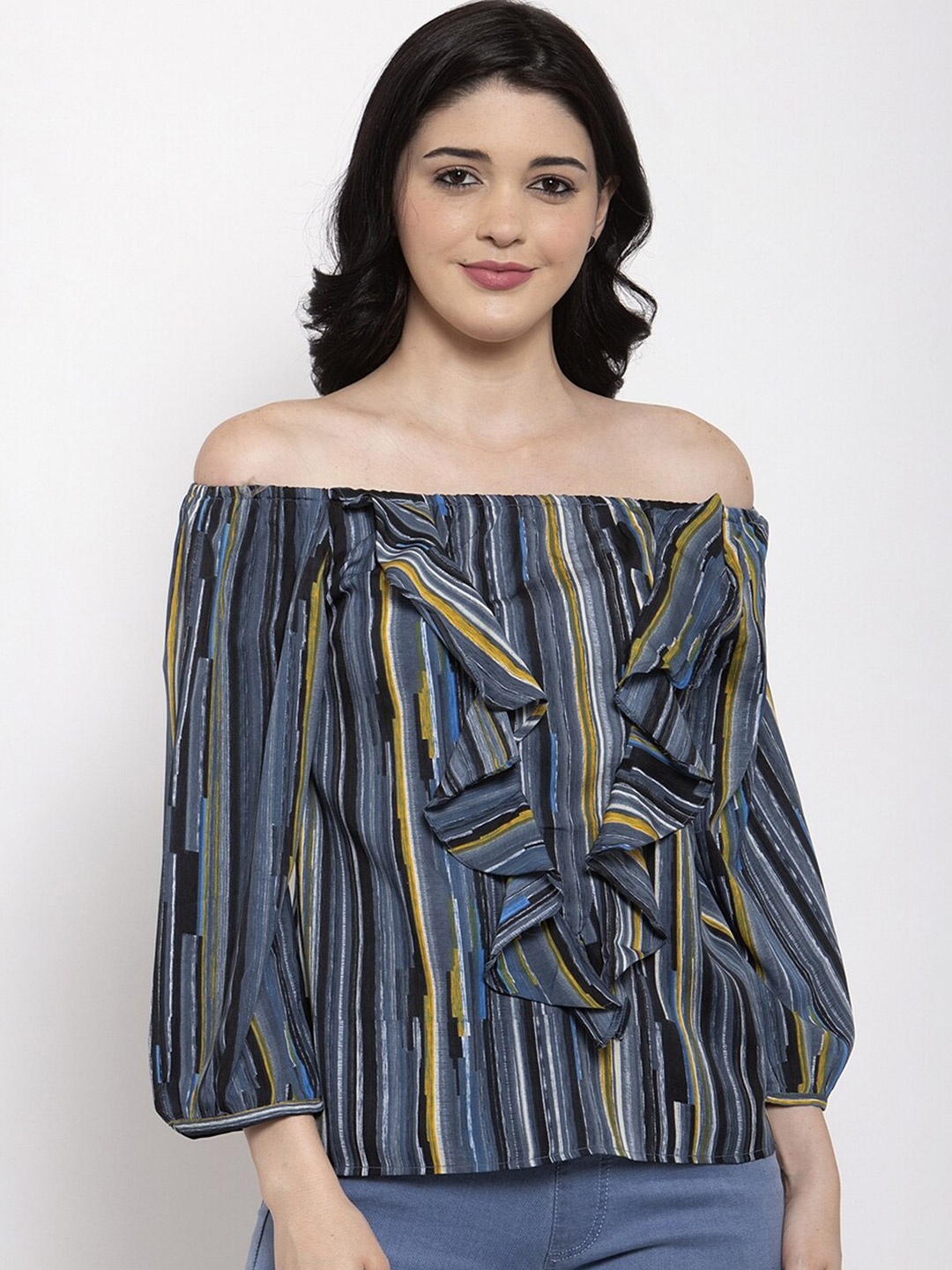 

Aujjessa Grey Striped Off-Shoulder Ruffles Crepe Bardot Top