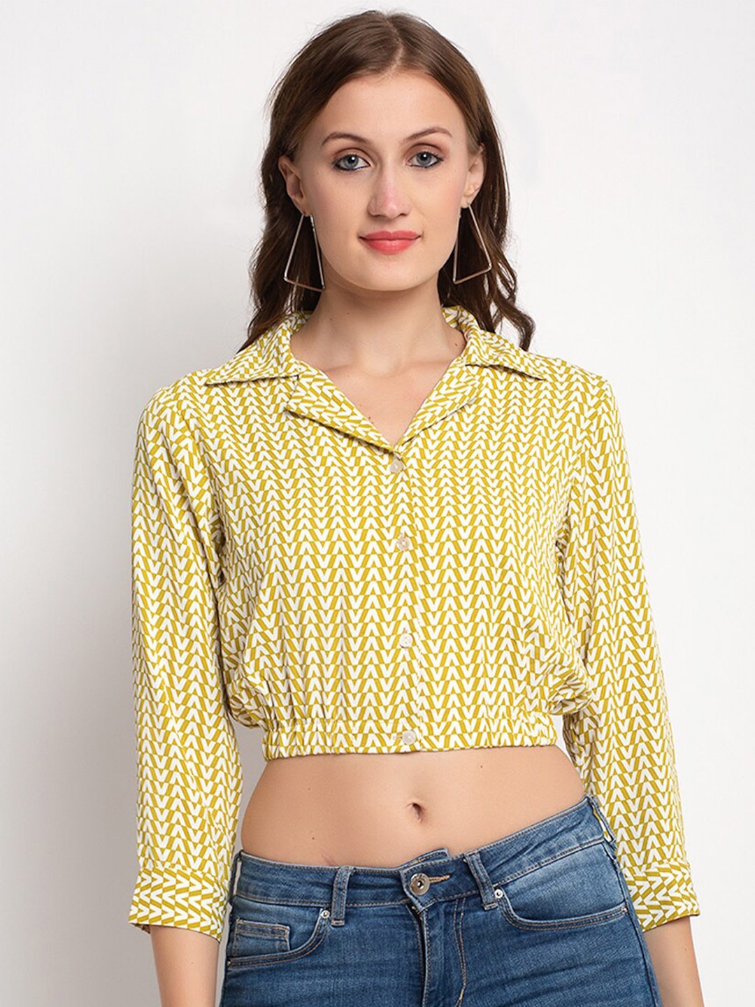 

Aujjessa Olive Green Striped Crepe Shirt Style Crop Top