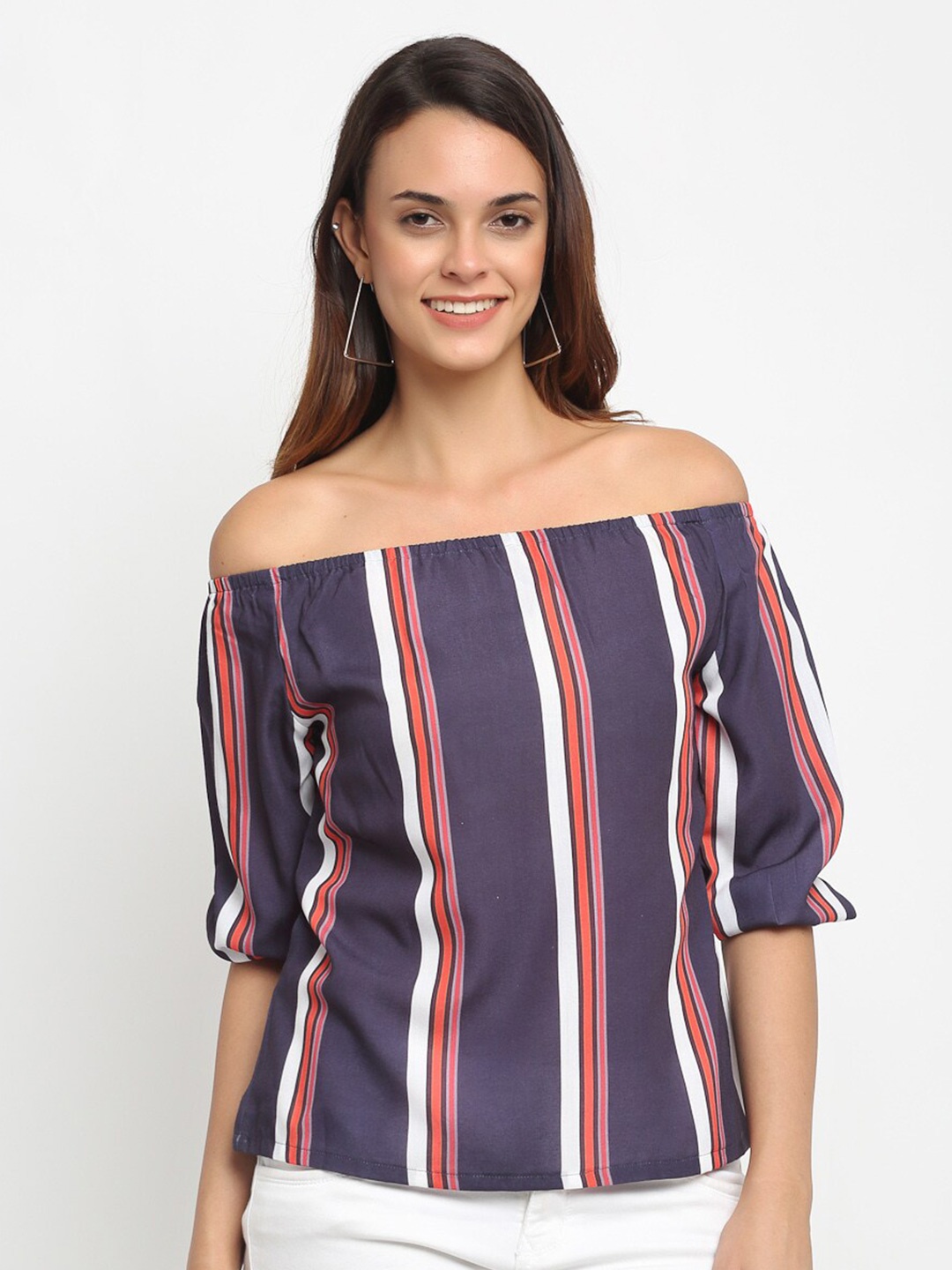 

Aujjessa Women Purple & White Striped Bardot Top