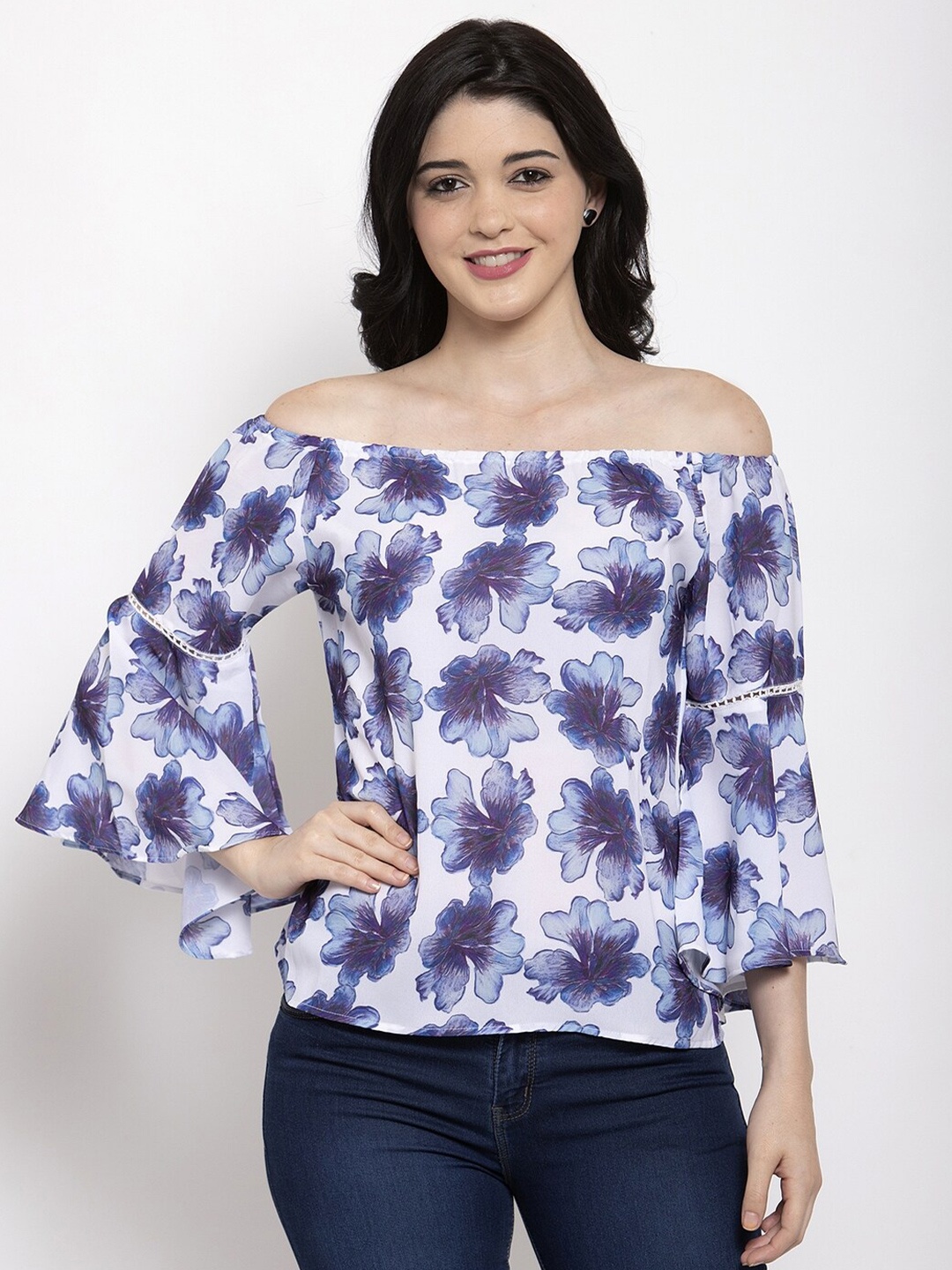 

Aujjessa Women White & Blue Floral Print Off-Shoulder Crepe Bardot Top