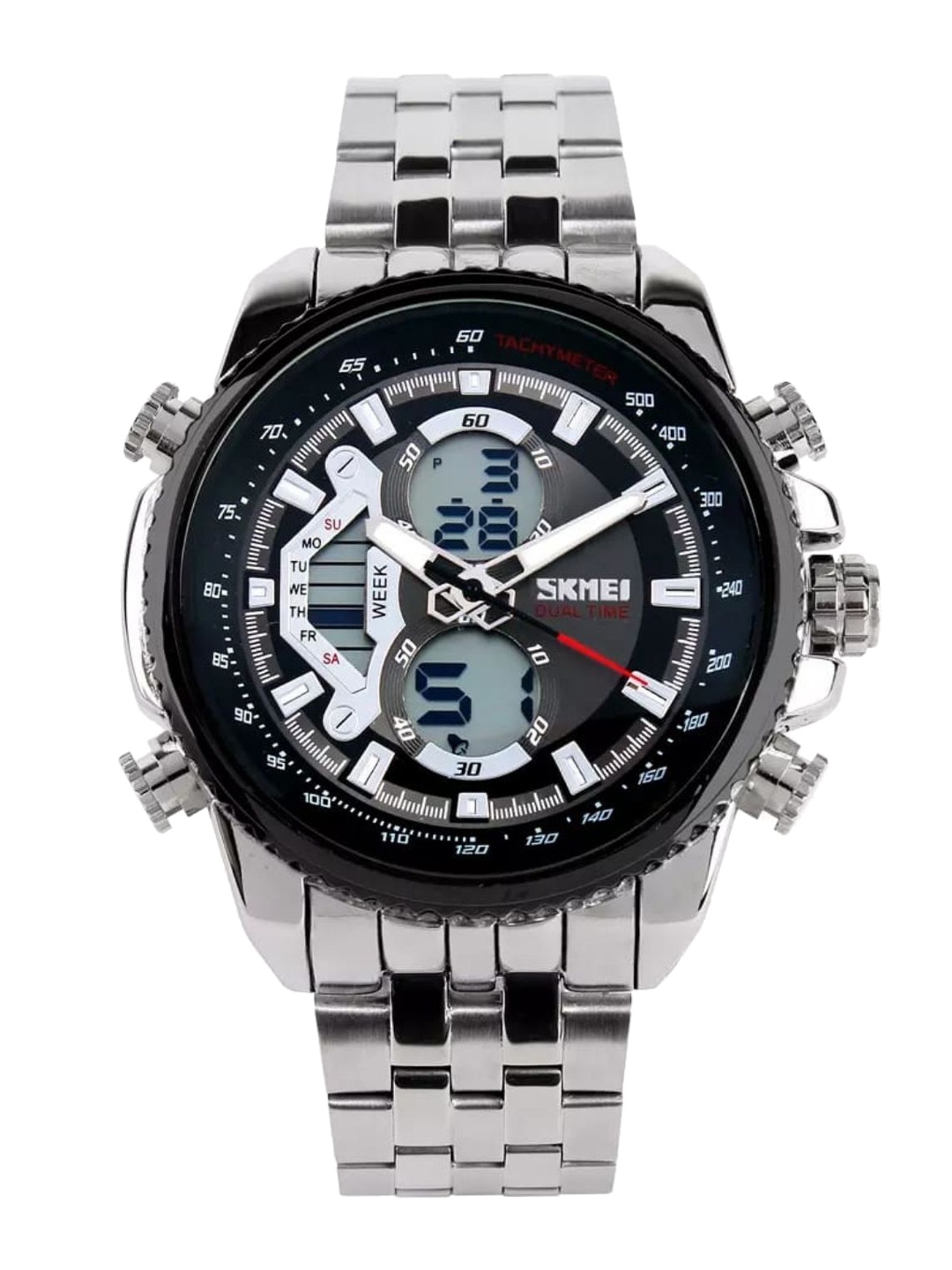 

Skmei Men Black Printed Dial & Silver Toned Bracelet Style Straps Analogue and Digital Multi Function Watch