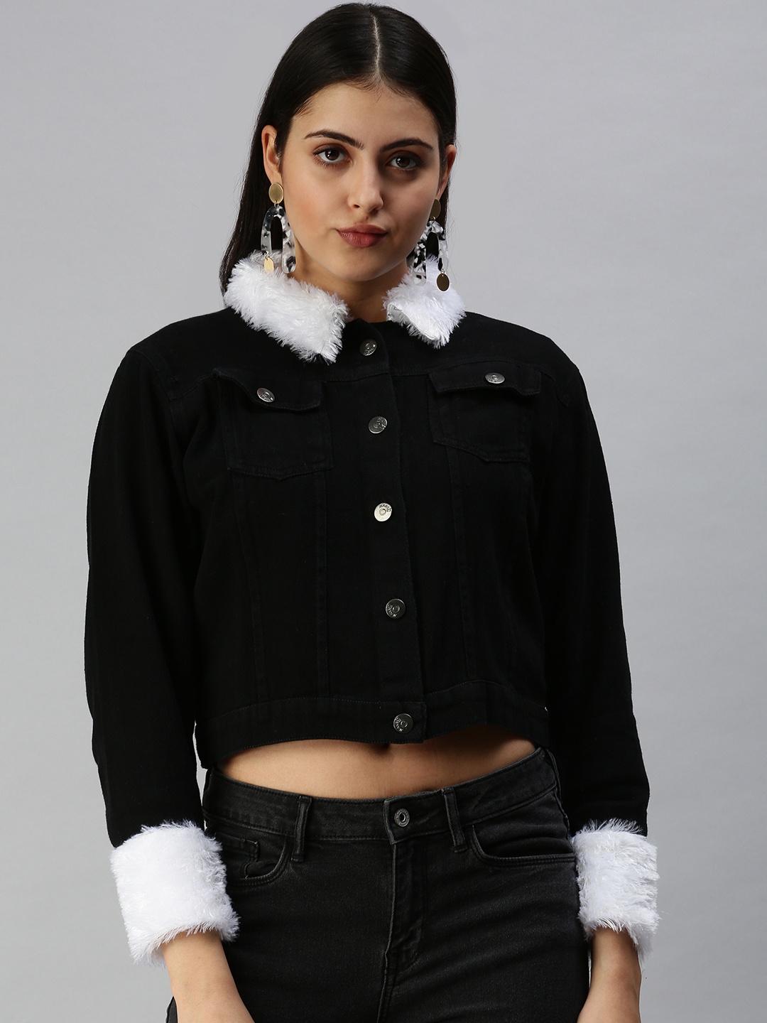 

SHOWOFF Women Black Crop Cotton Denim Jacket