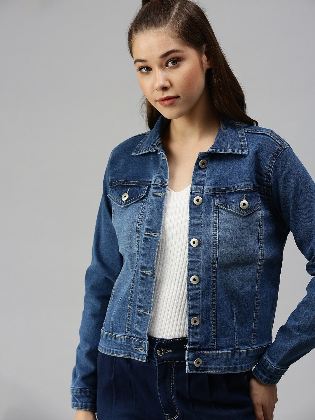 

SHOWOFF Women Blue Washed Denim Jacket with Patchwork