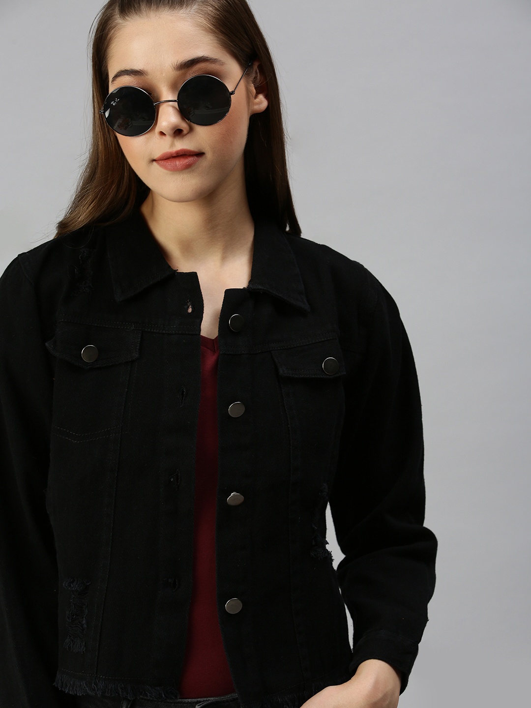 

SHOWOFF Women Black Washed Crop Denim Jacket