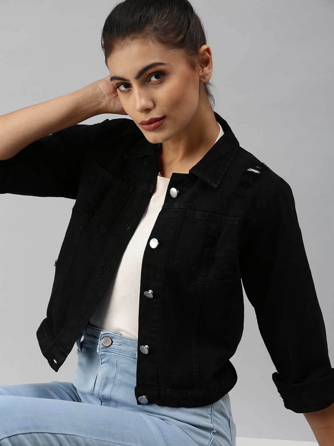 

SHOWOFF Women Black Distressed Crop Denim Jacket