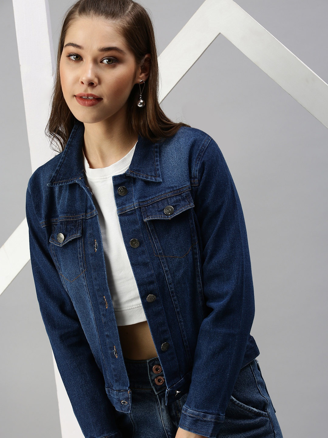 

SHOWOFF Women Blue Solid Spread Collar Cotton Denim Jacket